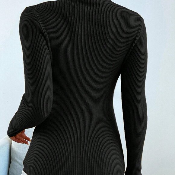 Black Casual Women's Turtleneck Ribbed Long Sleeve Thermal Pullover Sweater - Picture 2 of 6